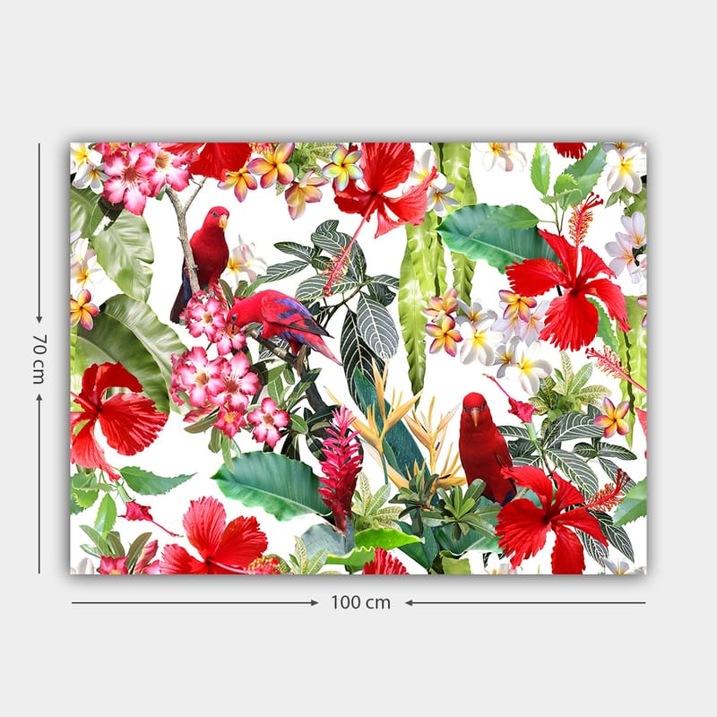 Canvas taulu 70x100 cm - Värikäs trooppinen kasvisto punaisilla papukaijoilla ja kukilla - Punainen / Vihreä / Vaaleanpunainen - Sisustustuotteet - Taulu & taide - Canvas-taulu