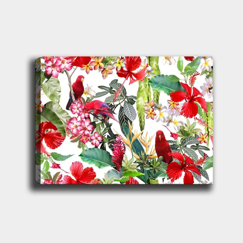 Canvas taulu 70x100 cm - Värikäs trooppinen kasvisto punaisilla papukaijoilla ja kukilla, Punainen / Vihreä / Vaaleanpunainen