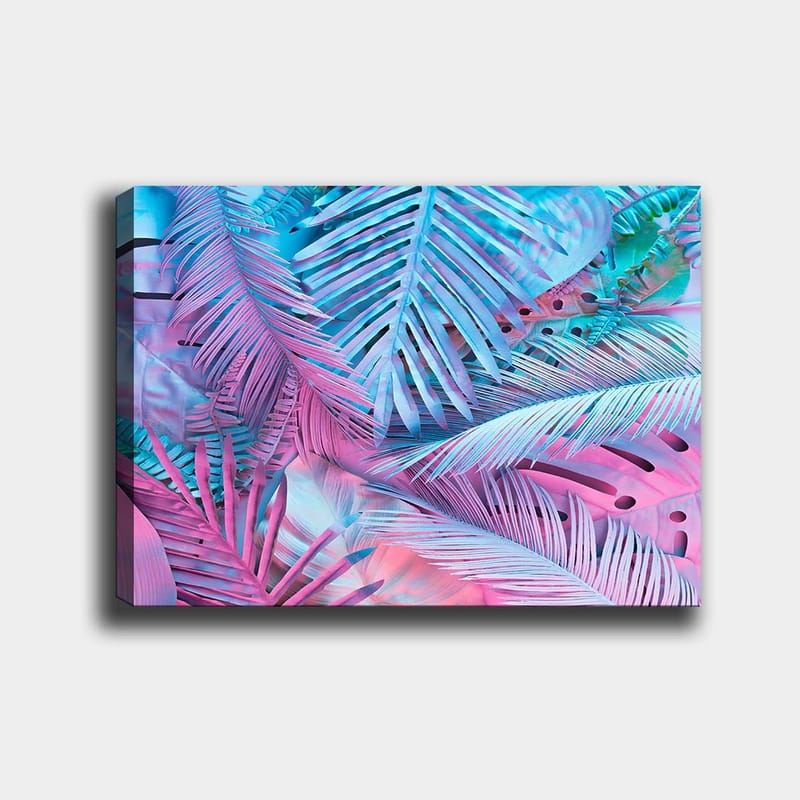 Canvas taulu 70x100 cm - Värikäs trooppisten palmunlehtien sommittelu vaaleanpunaisissa ja sinisissä sävyissä, Vaaleanpunainen / Sininen / Turkoosi