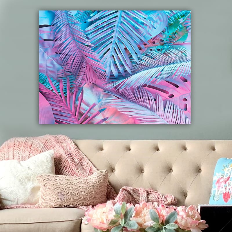Canvas taulu 70x100 cm - Värikäs trooppisten palmunlehtien sommittelu vaaleanpunaisissa ja sinisissä sävyissä - Vaaleanpunainen / Sininen / Turkoosi - Sisustustuotteet - Taulu & taide - Canvas-taulu