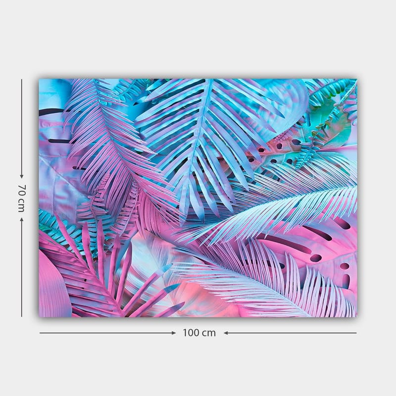 Canvas taulu 70x100 cm - Värikäs trooppisten palmunlehtien sommittelu vaaleanpunaisissa ja sinisissä sävyissä - Vaaleanpunainen / Sininen / Turkoosi - Sisustustuotteet - Taulu & taide - Canvas-taulu