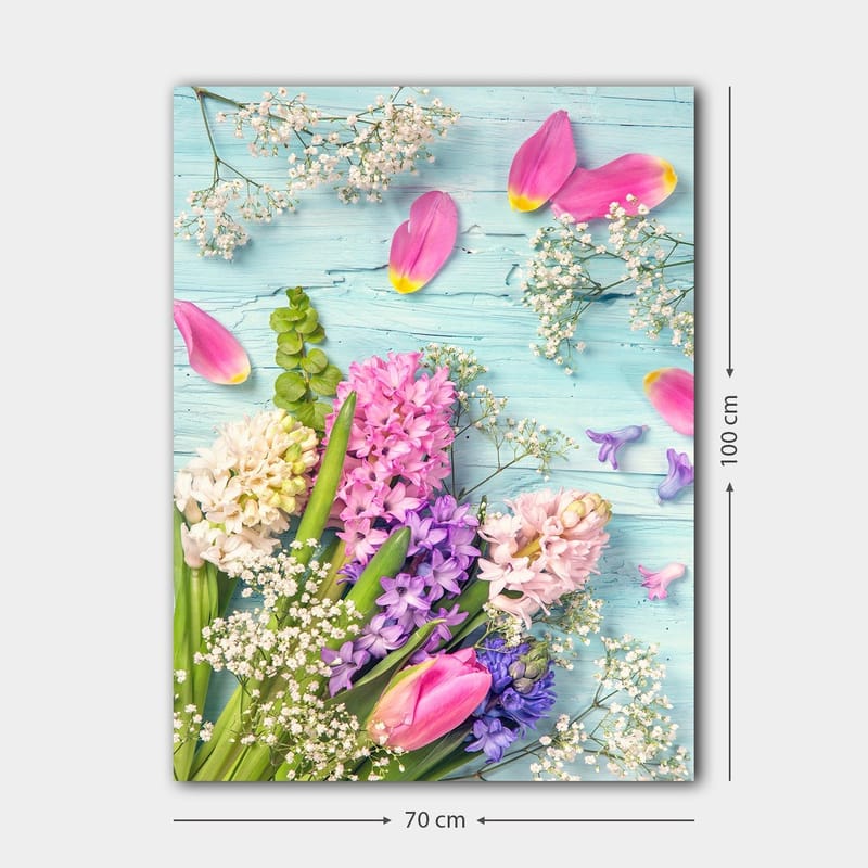 Canvas taulu 70x100 cm - Värikäs tulppaani- ja hyasinttikimppu eri sävyissä - Vaaleanpunainen / Violetti / Vihreä - Sisustustuotteet - Taulu & taide - Canvas-taulu