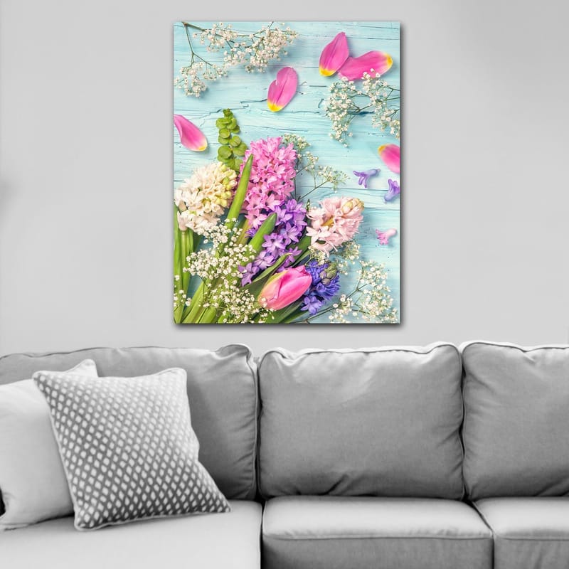 Canvas taulu 70x100 cm - Värikäs tulppaani- ja hyasinttikimppu eri sävyissä - Vaaleanpunainen / Violetti / Vihreä - Sisustustuotteet - Taulu & taide - Canvas-taulu