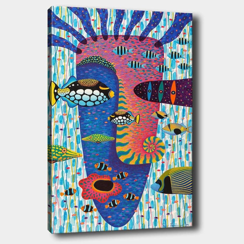 Canvas taulu 70x100 cm - Värikäs vedenalainen maisema, jossa on erilaisia kaloja ja kasvoaihe taustalla - Sininen / Vaaleanpunainen / Keltainen - Sisustustuotteet - Taulu & taide - Canvas-taulu