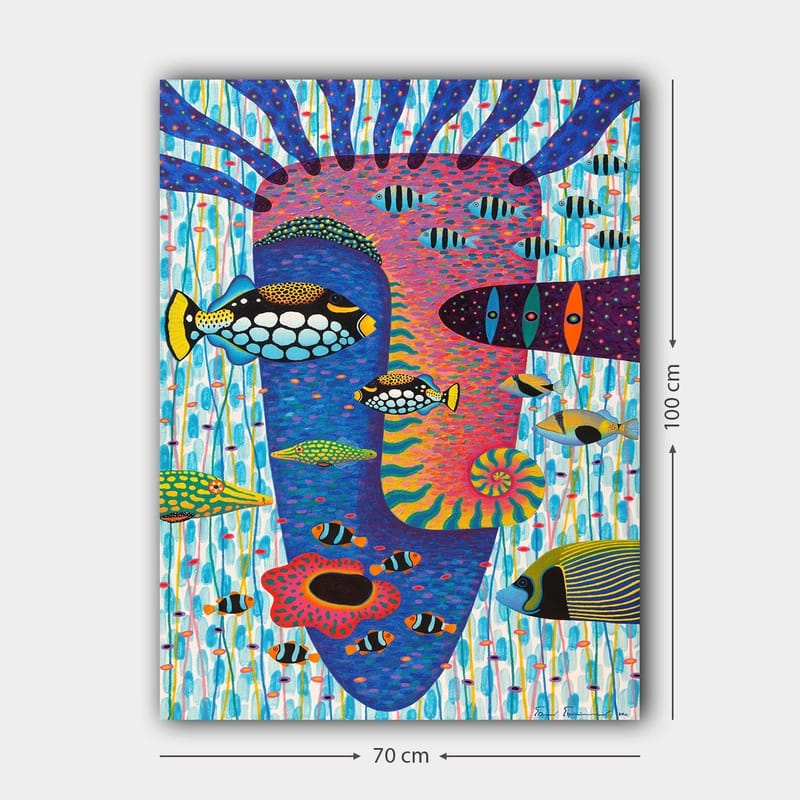 Canvas taulu 70x100 cm - Värikäs vedenalainen maisema, jossa on erilaisia kaloja ja kasvoaihe taustalla - Sininen / Vaaleanpunainen / Keltainen - Sisustustuotteet - Taulu & taide - Canvas-taulu