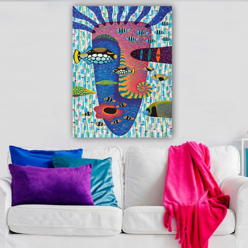 Canvas taulu 70x100 cm - Värikäs vedenalainen maisema, jossa on erilaisia kaloja ja kasvoaihe taustalla - Sininen / Vaaleanpunainen / Keltainen - Sisustustuotteet - Taulu & taide - Canvas-taulu