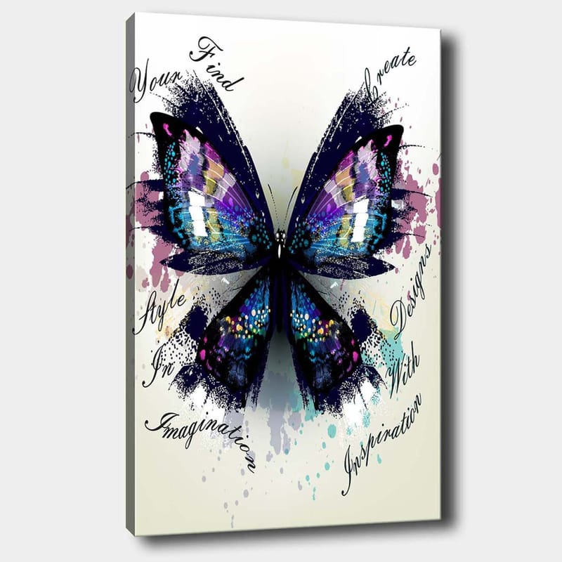 Canvas taulu 70x100 cm - Värikäs perhonen yksityiskohtaisilla siivillä symboloi luovuutta ja inspiraatiota, Violetti / Sininen / Musta
