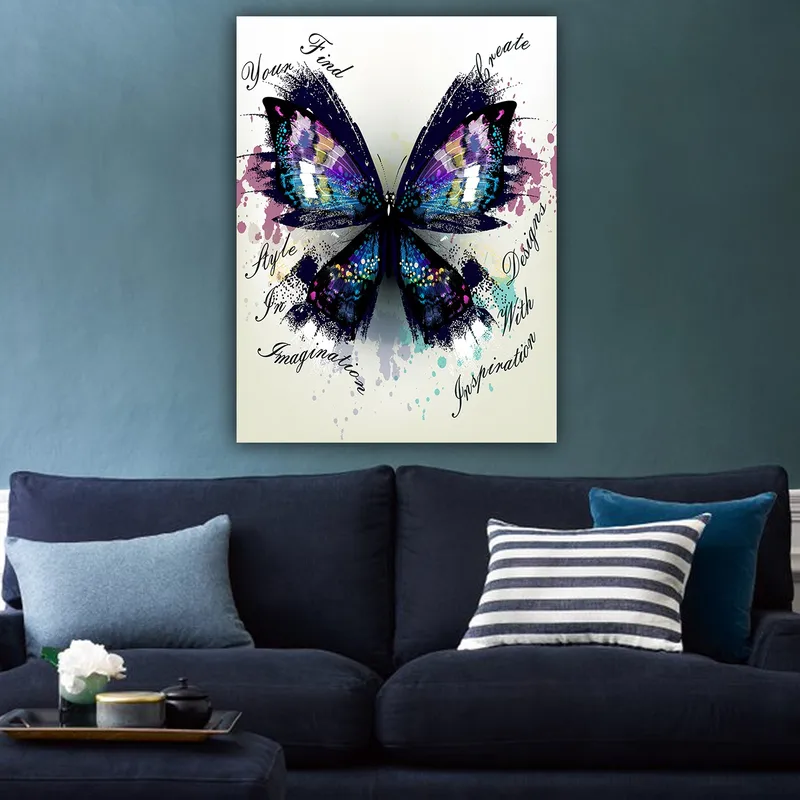 Canvas taulu 70x100 cm - Värikäs perhonen yksityiskohtaisilla siivillä symboloi luovuutta ja inspiraatiota - Violetti / Sininen / Musta - Sisustustuotteet - Taulu & taide - Canvas-taulu