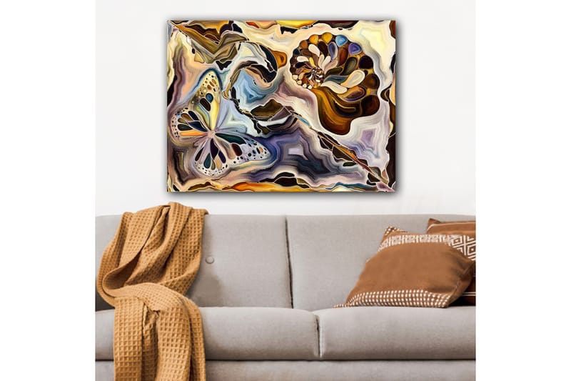 Canvas taulu 70x100 cm - Värikäs perhonen ja simpukka kelluvat abstraktissa sommitelmassa - Kulta / Sininen / Ruskea - Sisustustuotteet - Taulu & taide - Canvas-taulu