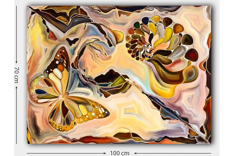 Canvas taulu 70x100 cm - Värikäs perhonen leijuu spiraalimaisen rakenteen yllä pehmeissä, orgaanisissa muodoissa - Kulta / Ruskea / Oranssi - Sisustustuotteet - Taulu & taide - Canvas-taulu
