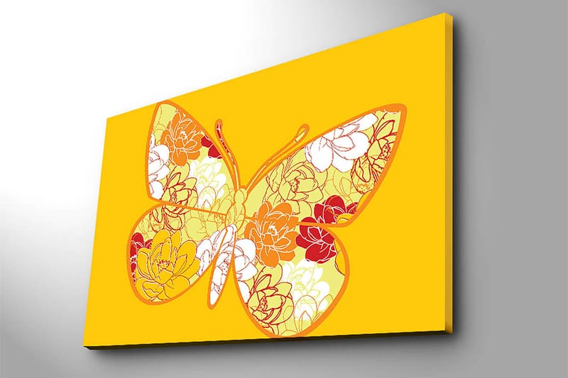 Canvas taulu 70x100 cm - Värikäs perhonen kukka-aiheella kirkkaissa sävyissä - Keltainen / Oranssi / Punainen - Sisustustuotteet - Taulu & taide - Canvas-taulu