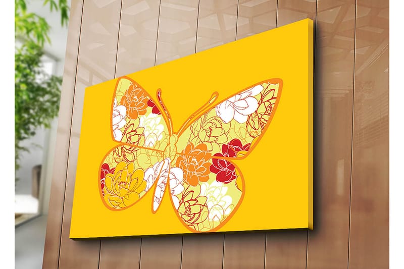 Canvas taulu 70x100 cm - Värikäs perhonen kukka-aiheella kirkkaissa sävyissä - Keltainen / Oranssi / Punainen - Sisustustuotteet - Taulu & taide - Canvas-taulu