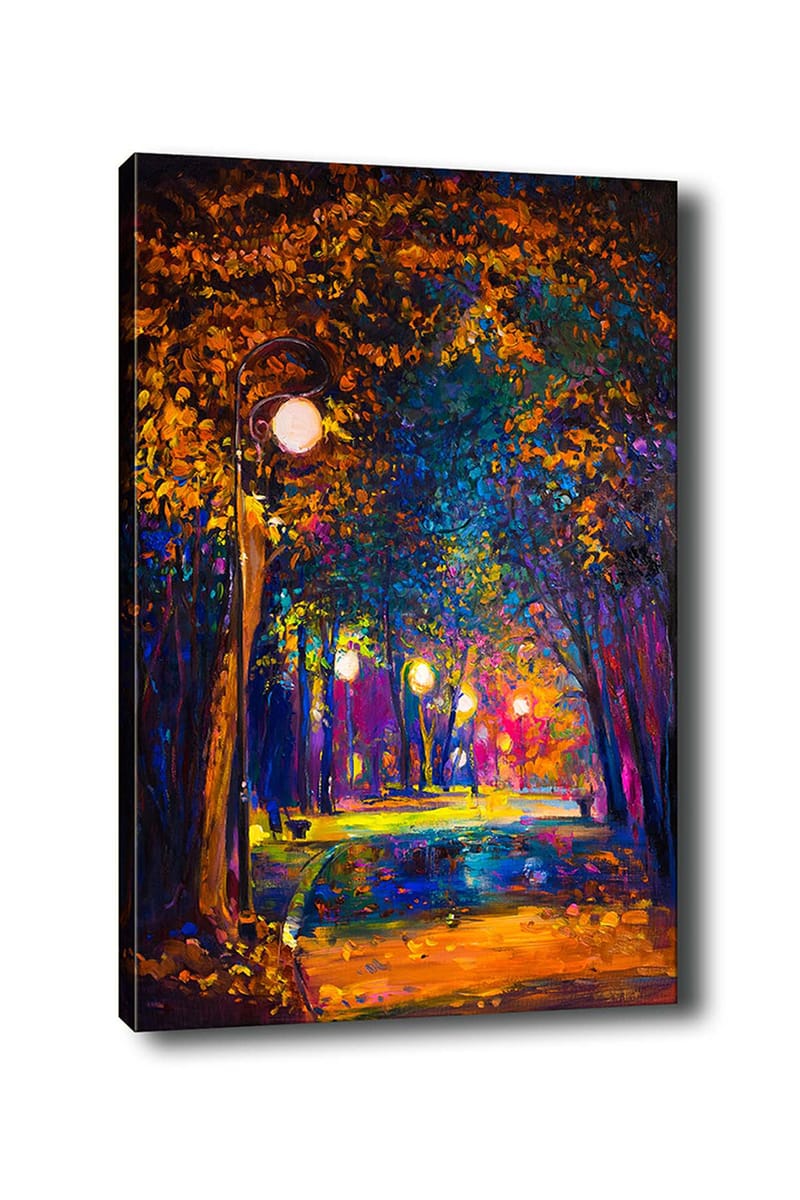 Canvas taulu 70x100 cm - Värikäs puisto katuvaloilla, jotka valaisevat syksyn väreissä puiden ympäröimää kävelyreittiä, Tummansininen / Oranssi / Violetti