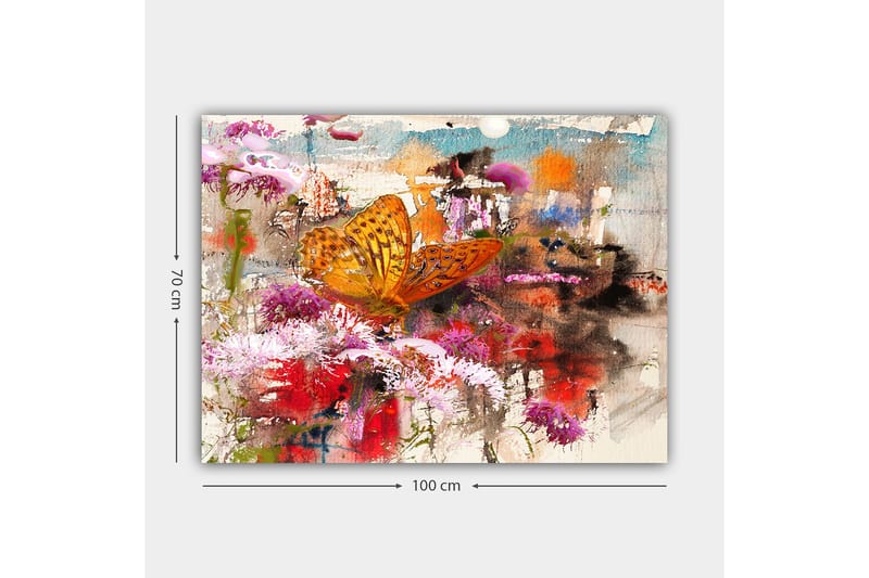 Canvas taulu 70x100 cm - Värikäs perhonen istuu kukilla eloisassa ja abstraktissa luonnonympäristössä - Oranssi / Vaaleanpunainen / Punainen - Sisustustuotteet - Taulu & taide - Canvas-taulu