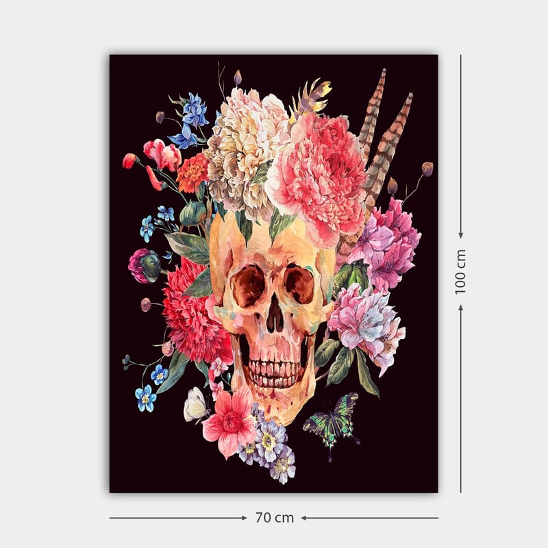 Canvas taulu 70x100 cm - Värikäs pääkallo kukkien ympäröimänä - Vaaleanpunainen / Keltainen / Vihreä - Sisustustuotteet - Taulu & taide - Canvas-taulu