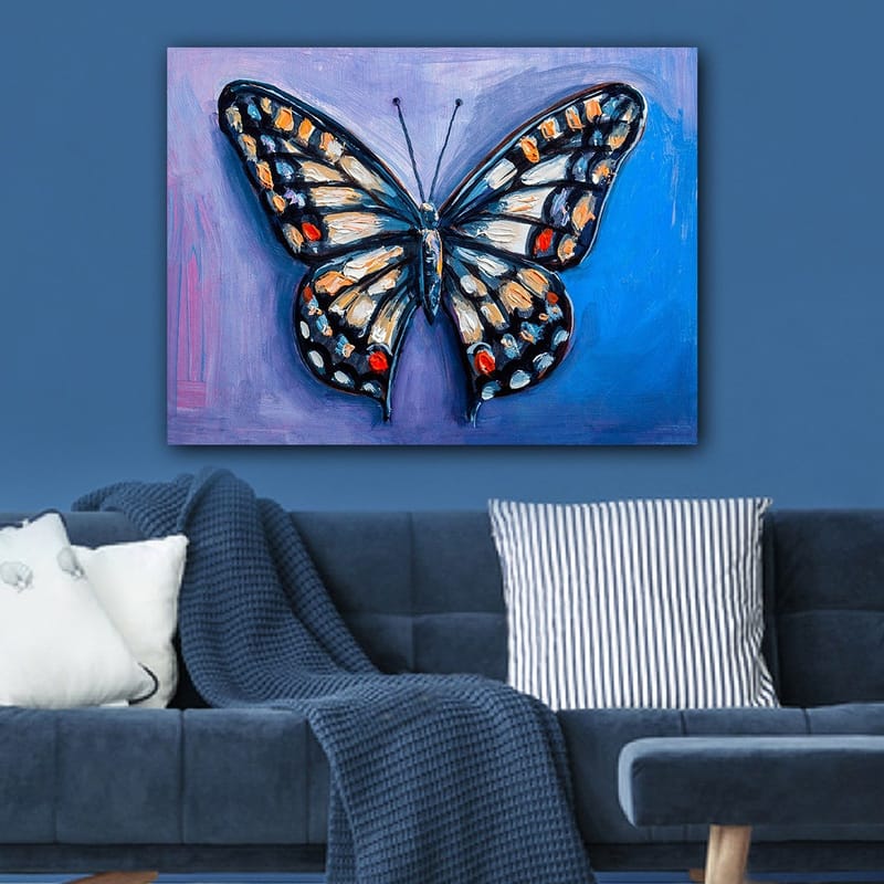 Canvas taulu 70x100 cm - Värikäs perhonen yksityiskohtaisilla siivenkuvioilla - Sininen / Oranssi / Musta - Sisustustuotteet - Taulu & taide - Canvas-taulu