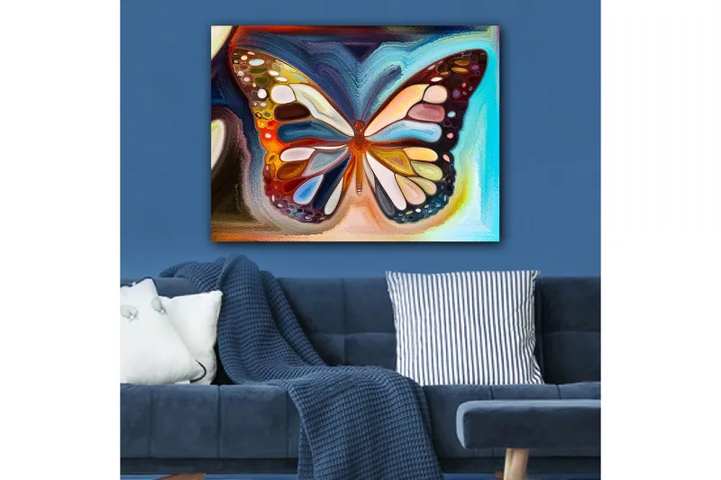 Canvas taulu 70x100 cm - Värikäs perhonen yksityiskohtaisilla siivillä eri sävyissä, Oranssi / Sininen / Valkoinen