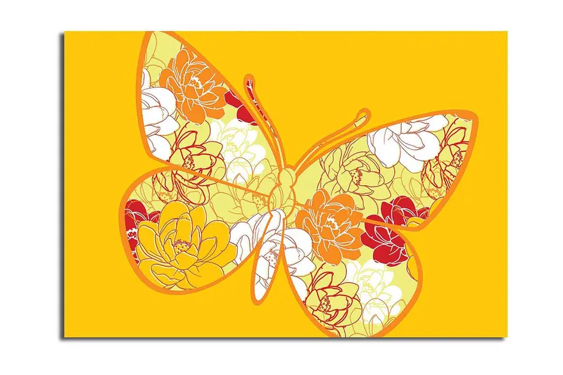 Canvas taulu 70x100 cm - Värikäs perhonen kukka-aiheella kirkkaissa sävyissä, Keltainen / Oranssi / Punainen