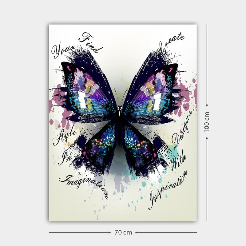 Canvas taulu 70x100 cm - Värikäs perhonen yksityiskohtaisilla siivillä symboloi luovuutta ja inspiraatiota - Violetti / Sininen / Musta - Sisustustuotteet - Taulu & taide - Canvas-taulu
