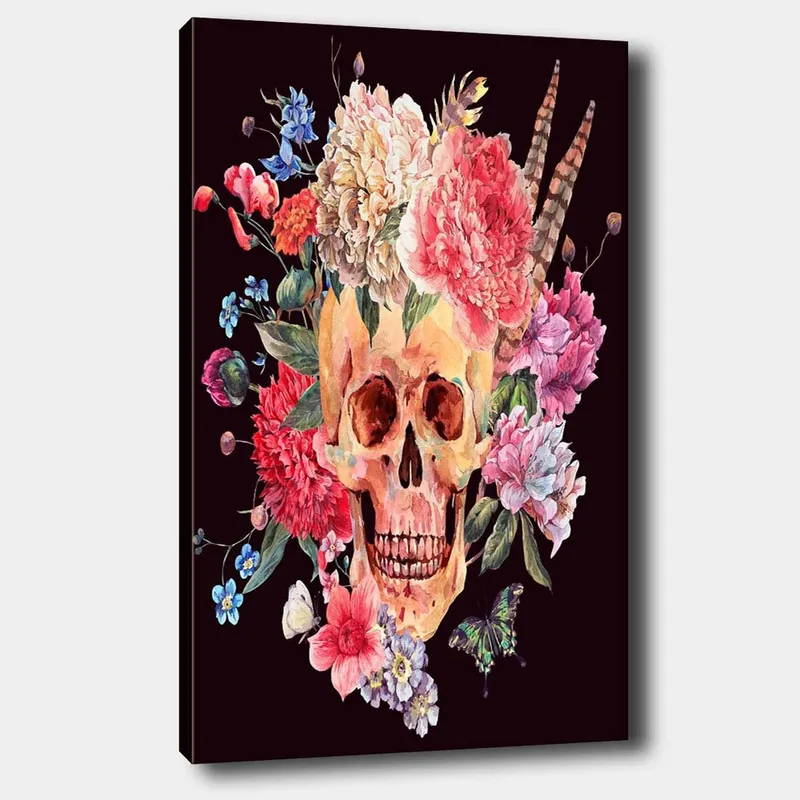 Canvas taulu 70x100 cm - Värikäs pääkallo kukkien ympäröimänä, Vaaleanpunainen / Keltainen / Vihreä