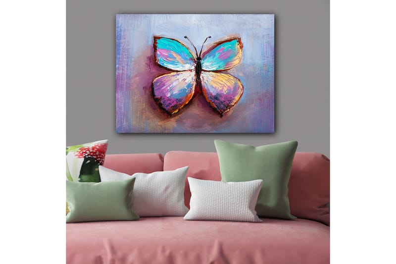 Canvas taulu 70x100 cm - Värikäs perhonen kauniilla kuvioilla, Turkoosi / Violetti / Oranssi