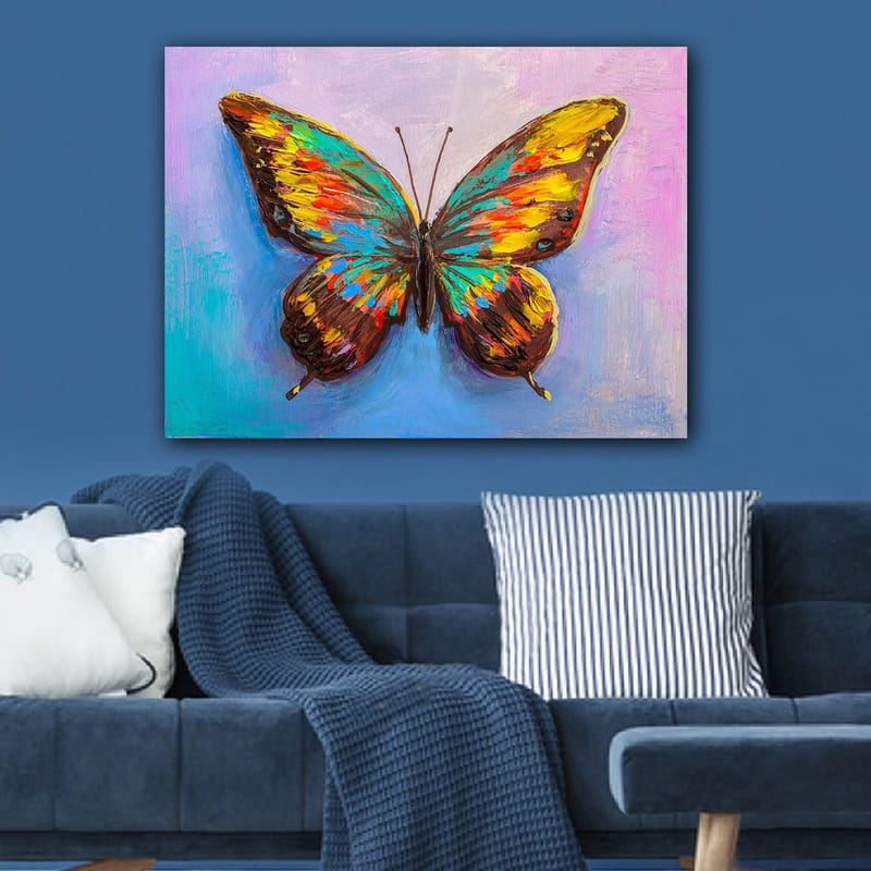 Canvas taulu 70x100 cm - Värikäs perhonen yksityiskohtaisilla siivillä - Turkoosi / Keltainen / Punainen - Sisustustuotteet - Taulu & taide - Canvas-taulu