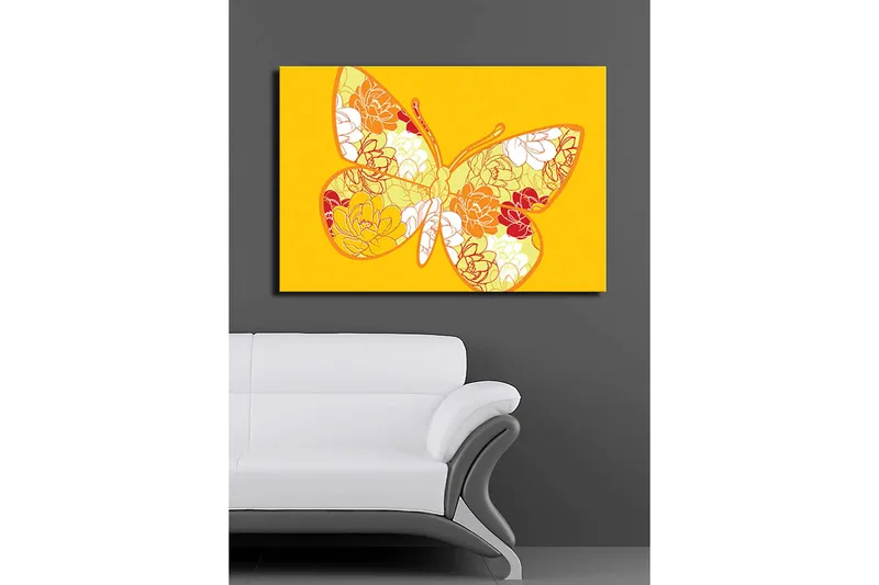 Canvas taulu 70x100 cm - Värikäs perhonen kukka-aiheella kirkkaissa sävyissä - Keltainen / Oranssi / Punainen - Sisustustuotteet - Taulu & taide - Canvas-taulu