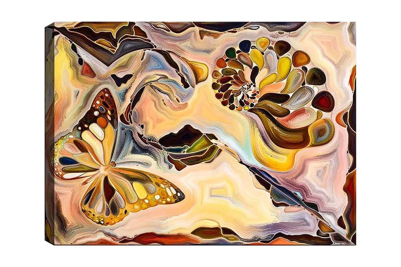 Canvas taulu 70x100 cm - Värikäs perhonen leijuu spiraalimaisen rakenteen yllä pehmeissä, orgaanisissa muodoissa, Kulta / Ruskea / Oranssi