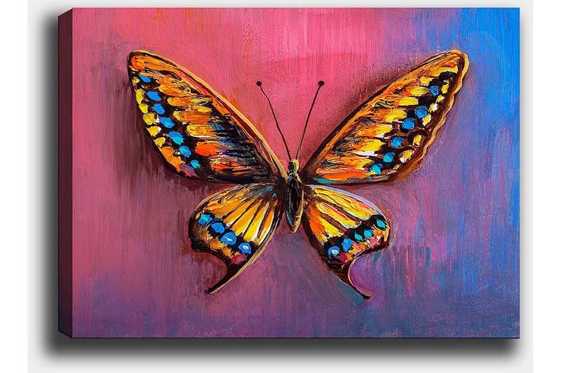 Canvas taulu 70x100 cm - Värikäs perhonen yksityiskohtaisilla siivillä oranssin ja sinisen sävyissä - Oranssi / Sininen / Violetti - Sisustustuotteet - Taulu & taide - Canvas-taulu