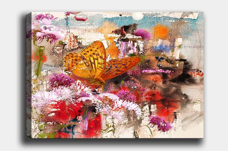 Canvas taulu 70x100 cm - Värikäs perhonen istuu kukilla eloisassa ja abstraktissa luonnonympäristössä, Oranssi / Vaaleanpunainen / Punainen