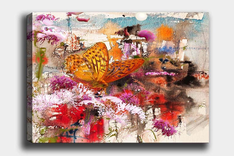 Canvas taulu 70x100 cm - Värikäs perhonen istuu kukilla eloisassa ja abstraktissa luonnonympäristössä, Oranssi / Vaaleanpunainen / Punainen