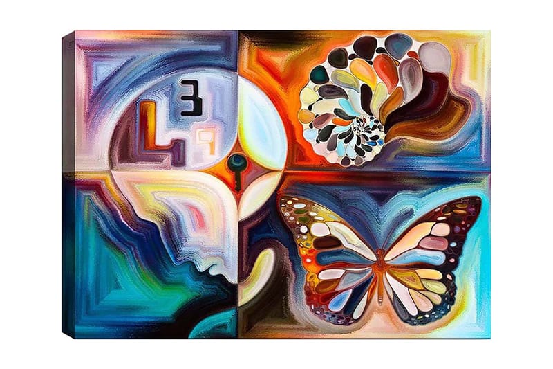 Canvas taulu 70x100 cm - Värikäs perhonen symboloi muutosta, abstraktien muotojen ja kuvioiden ympäröimänä, Sininen / Oranssi / Valkoinen