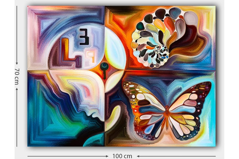 Canvas taulu 70x100 cm - Värikäs perhonen symboloi muutosta, abstraktien muotojen ja kuvioiden ympäröimänä - Sininen / Oranssi / Valkoinen - Sisustustuotteet - Taulu & taide - Canvas-taulu