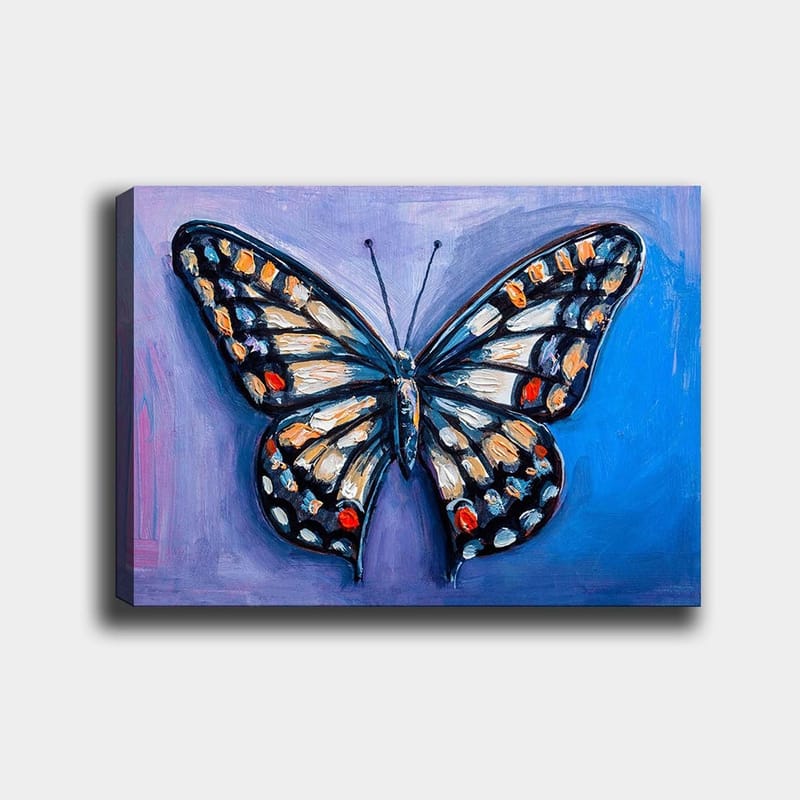 Canvas taulu 70x100 cm - Värikäs perhonen yksityiskohtaisilla siivenkuvioilla, Sininen / Oranssi / Musta