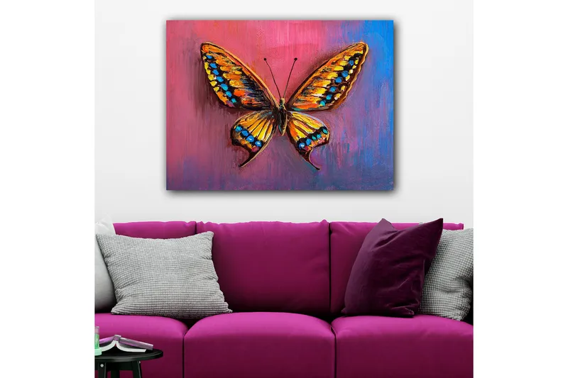 Canvas taulu 70x100 cm - Värikäs perhonen yksityiskohtaisilla siivillä oranssin ja sinisen sävyissä, Oranssi / Sininen / Violetti