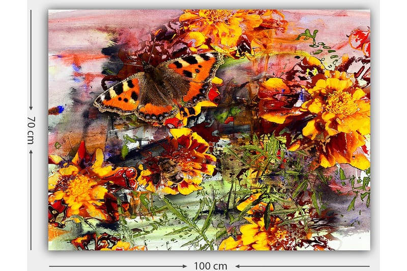 Canvas taulu 70x100 cm - Värikäs perhonen istuu kukilla vilkkaassa puutarhassa - Oranssi / Keltainen / Vihreä - Sisustustuotteet - Taulu & taide - Canvas-taulu