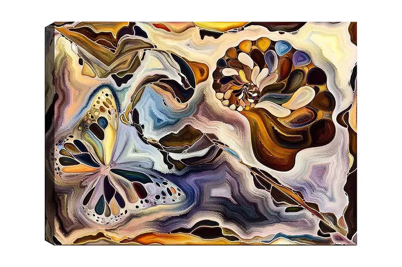 Canvas taulu 70x100 cm - Värikäs perhonen ja simpukka kelluvat abstraktissa sommitelmassa, Kulta / Sininen / Ruskea