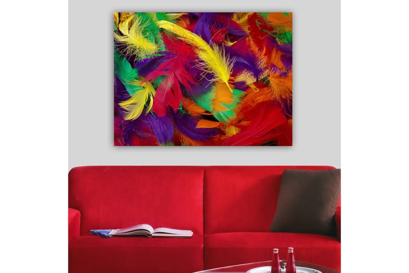 Canvas taulu 70x100 cm - Värikkäät höyhenet eloisassa sommitelmassa - Punainen / Keltainen / Vihreä - Sisustustuotteet - Taulu & taide - Canvas-taulu
