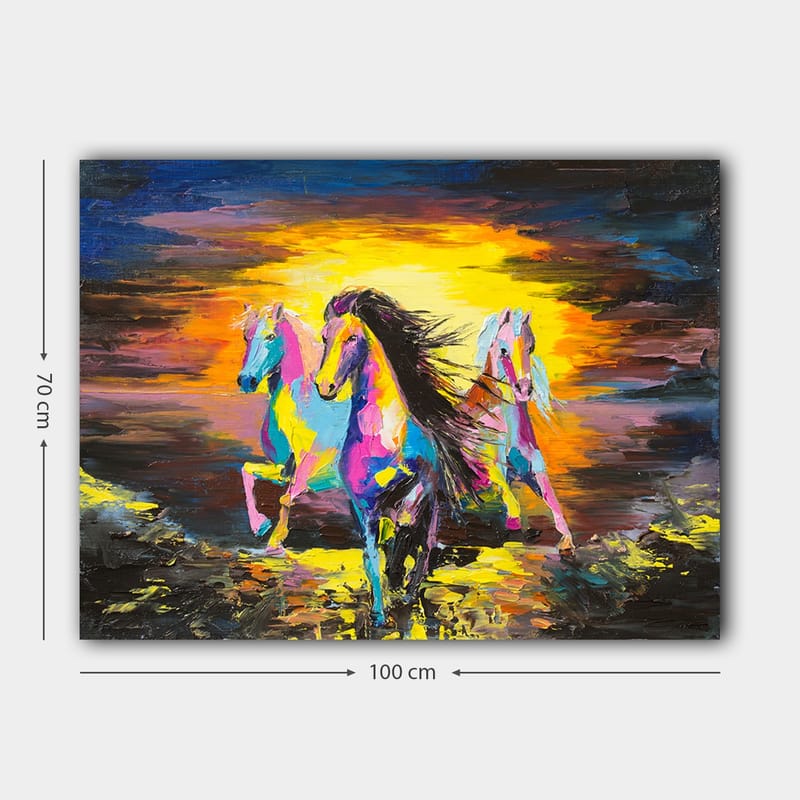 Canvas taulu 70x100 cm - Värikkäät hevoset laukkaamassa vaaleaa taustaa vasten - Vaaleanpunainen / Keltainen / Sininen - Sisustustuotteet - Taulu & taide - Canvas-taulu