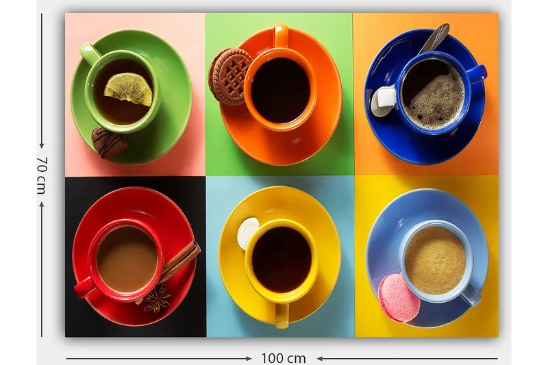 Canvas taulu 70x100 cm - Värikkäät kahvikupit ruutukuviossa erilaisten juomien ja asusteiden kera - Vihreä / Punainen / Sininen - Sisustustuotteet - Taulu & taide - Canvas-taulu