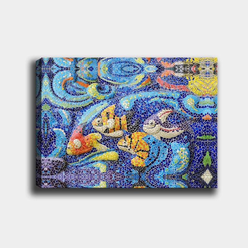 Canvas taulu 70x100 cm - Värikkäät kalat uivat vilkkaassa vedenalaisessa ympäristössä, Sininen / Oranssi / Keltainen