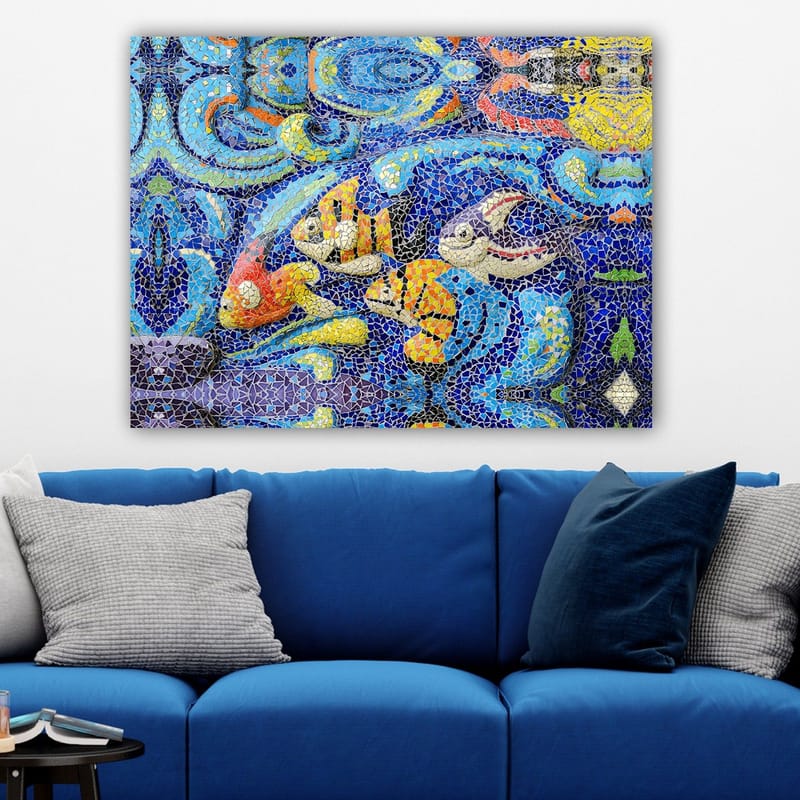 Canvas taulu 70x100 cm - Värikkäät kalat uivat vilkkaassa vedenalaisessa ympäristössä - Sininen / Oranssi / Keltainen - Sisustustuotteet - Taulu & taide - Canvas-taulu