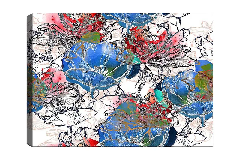 Canvas taulu 70x100 cm - Värikkäät kukat eloisassa sommitelmassa, Sininen / Punainen / Vihreä