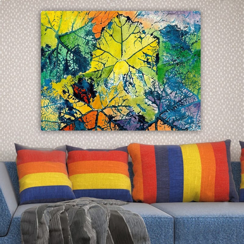 Canvas taulu 70x100 cm - Värikkäät lehdet eri sävyissä, jotka luovat eloisan ja abstraktin sommitelman - Keltainen / Vihreä / Oranssi - Sisustustuotteet - Taulu & taide - Canvas-taulu