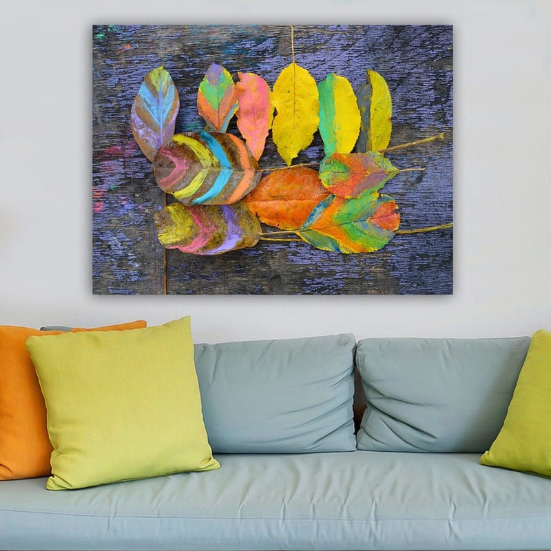 Canvas taulu 70x100 cm - Värikkäät lehdet tummalla pohjalla - Keltainen / Oranssi / Vihreä - Sisustustuotteet - Taulu & taide - Canvas-taulu