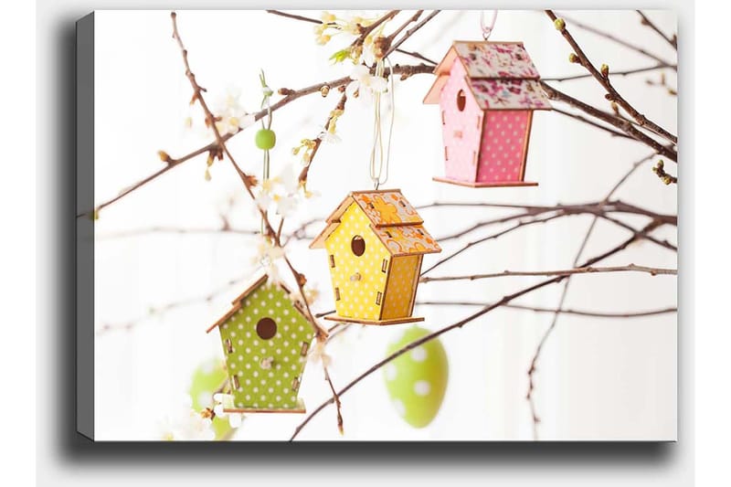 Canvas taulu 70x100 cm - Värikkäät linnunpöntöt oksilla kukkien kera - Vihreä / Keltainen / Vaaleanpunainen - Sisustustuotteet - Taulu & taide - Canvas-taulu
