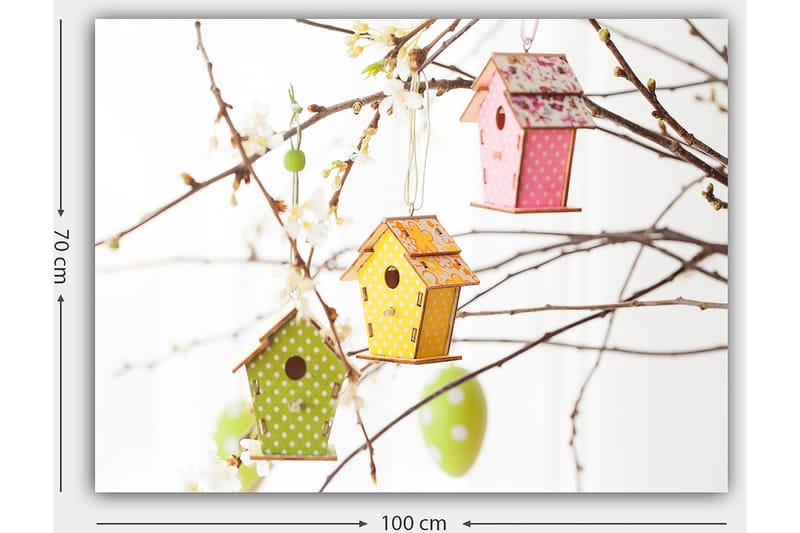 Canvas taulu 70x100 cm - Värikkäät linnunpöntöt oksilla kukkien kera - Vihreä / Keltainen / Vaaleanpunainen - Sisustustuotteet - Taulu & taide - Canvas-taulu