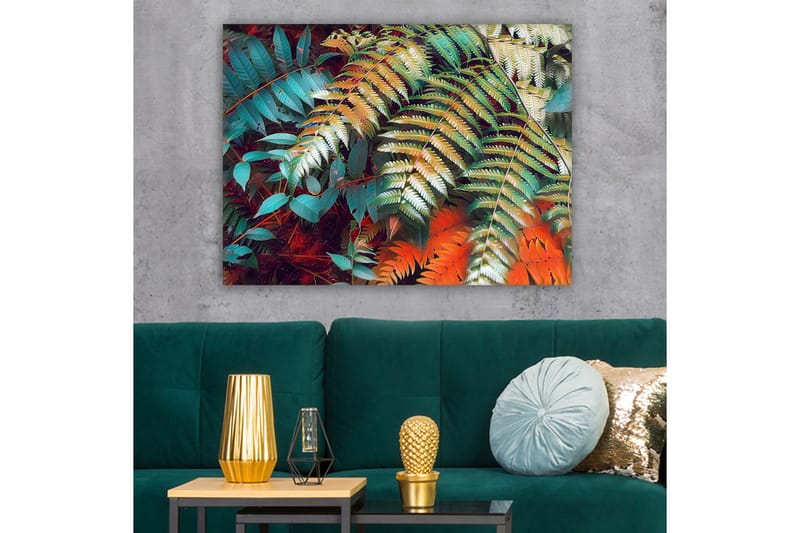 Canvas taulu 70x100 cm - Värikkäät saniaisenlehdet eloisassa sommitelmassa - Turkoosi / Vihreä / Oranssi - Sisustustuotteet - Taulu & taide - Canvas-taulu