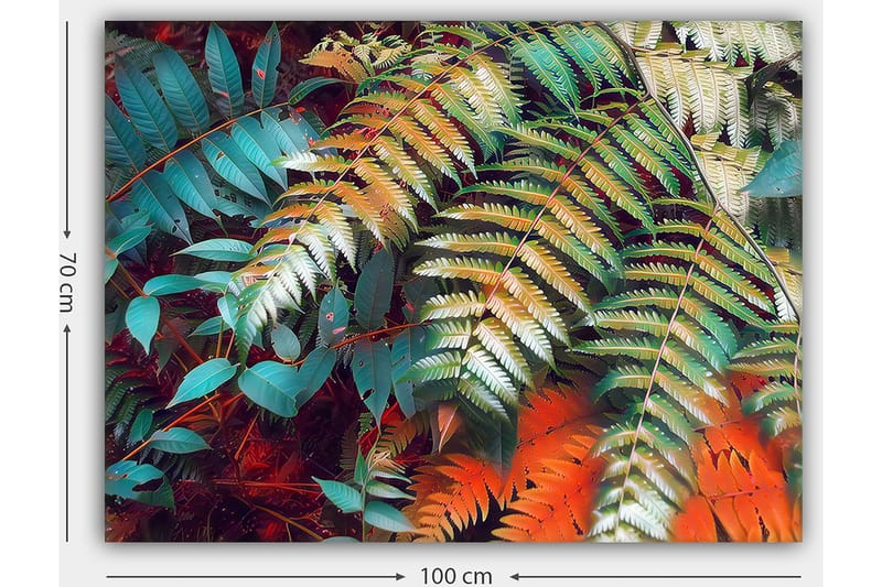 Canvas taulu 70x100 cm - Värikkäät saniaisenlehdet eloisassa sommitelmassa - Turkoosi / Vihreä / Oranssi - Sisustustuotteet - Taulu & taide - Canvas-taulu