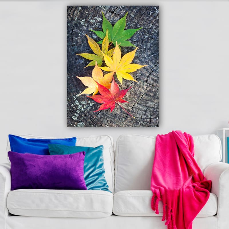 Canvas taulu 70x100 cm - Värikkäät syksyn lehdet eri sävyissä puupinnalla, Vihreä / Keltainen / Punainen